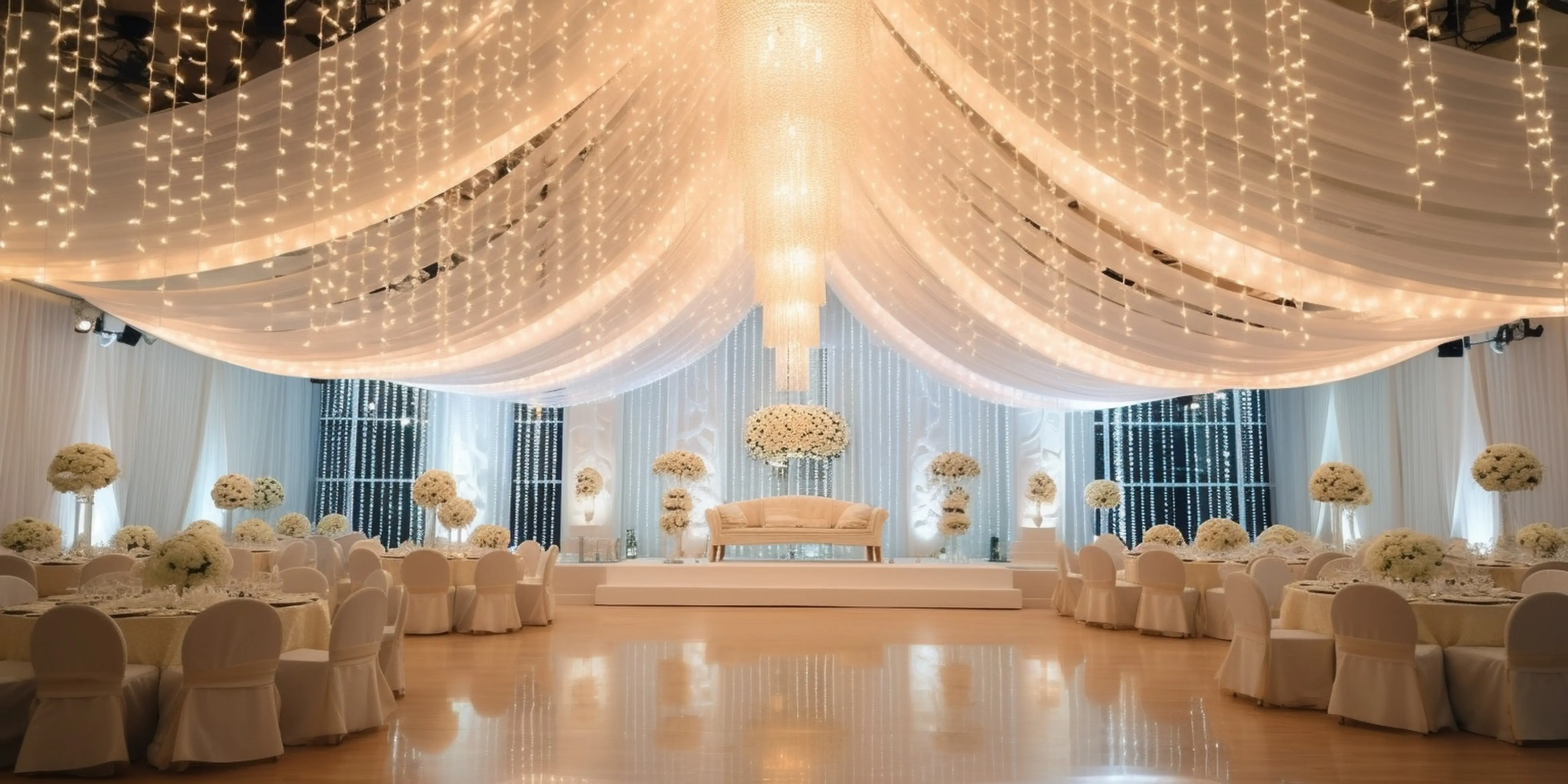 The banquet hall set for a wedding, draped in lights above a floral stage.