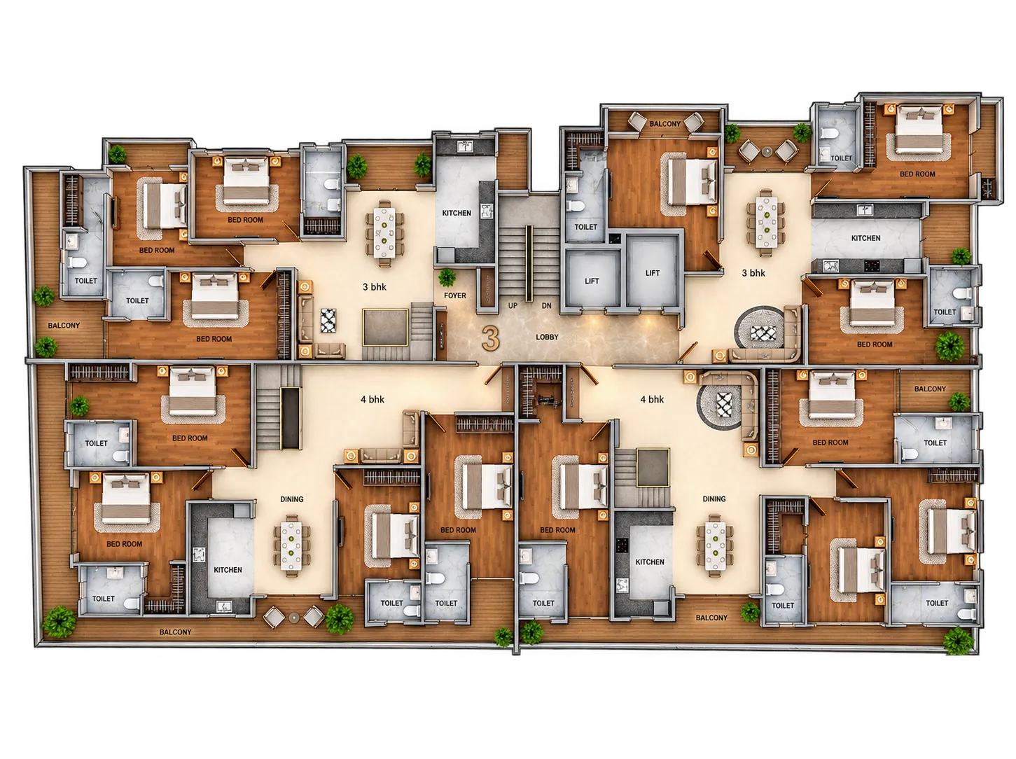 6th floor penthouse plan: two 3 BHK and two 4 BHK residences around a central lobby with two lifts and a stair.