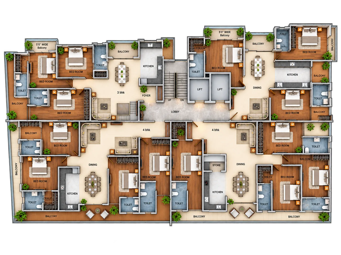 Floors 1–5 plan: two 3 BHK residences above and two 4 BHK residences below, around a central lobby with two lifts and a stair.